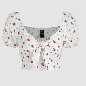 Cider Floral Bubble Sleeve Knot Front Crop Blouse